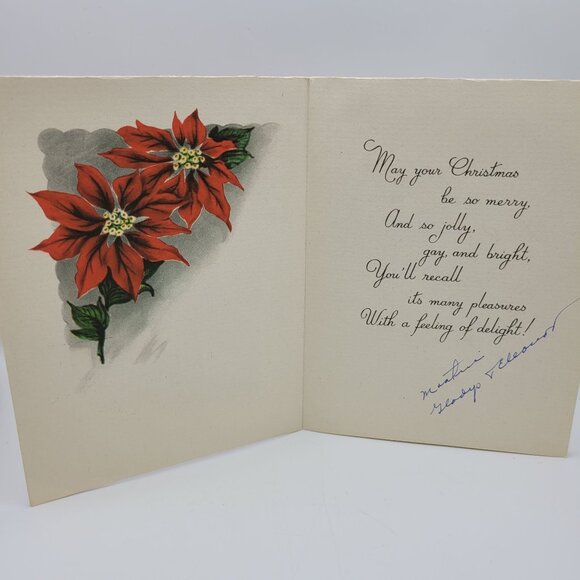 Vintage Christmas Greeting Card With Poinsettia Design & Inside Message - Picture 2 of 5